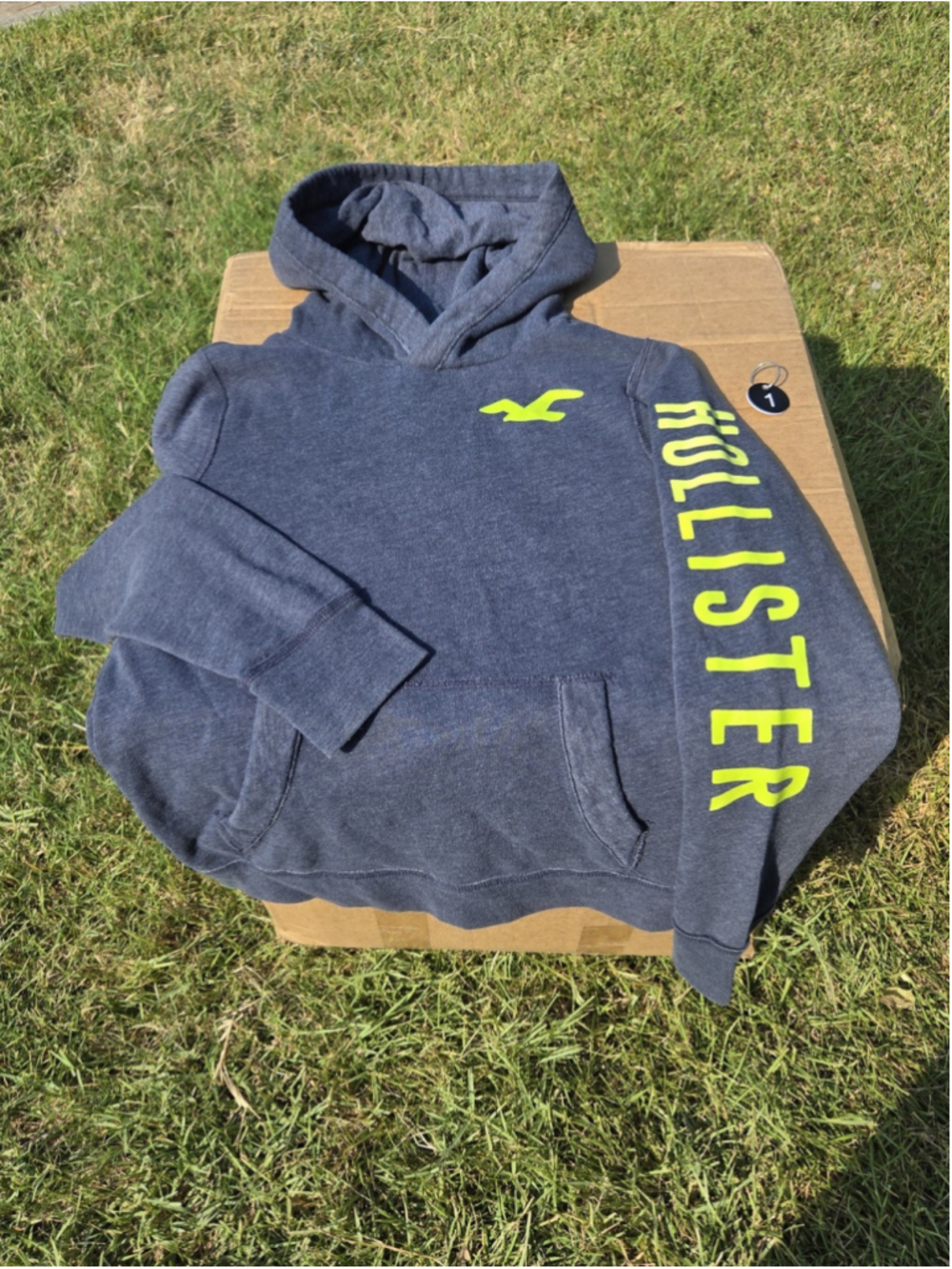 Hollister California Distressed Logo Hoodie Navy Blue Neon Yellow Size Small #01